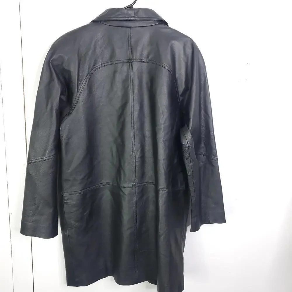 Tribeca Studio Leather Coat Womens Large Mid Length Black Minimalist Classic